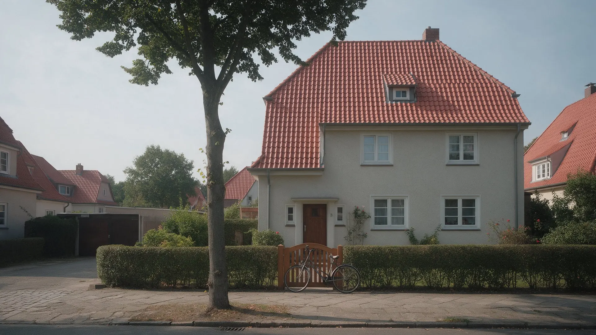 Gepflegtes Siedlungshaus mit rotem Dach und Vorgarten
